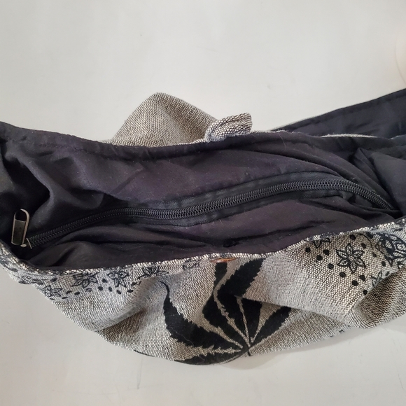 RISING INT'L Gray Black Woven Fabric Hobo Zip Shoulder Bag Floral & Hemp Boho - Picture 12 of 16